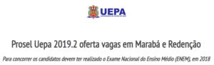Prosel Uepa 2019.2 oferta vagas em Marabá e Redenção